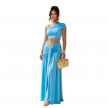 Blue Two Pieces Crop Tops Fashion Pleated Casual Vacation Long Skirt Dress Sets