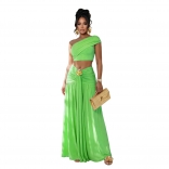 Green Two Pieces Crop Tops Fashion Pleated Casual Vacation Long Skirt Dress Sets