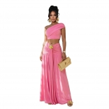Pink Two Pieces Crop Tops Fashion Pleated Casual Vacation Long Skirt Dress Sets
