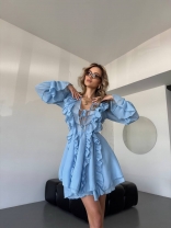 Blue Deep V Neck Ruffles Pleated Bandage Sexy Women Ruffles Skirt Club Dress