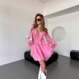 Pink Deep V Neck Ruffles Pleated Bandage Sexy Women Ruffles Skirt Club Dress