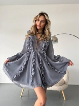 Gray Deep V Neck Ruffles Pleated Bandage Sexy Women Ruffles Skirt Club Dress