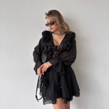 Black Deep V Neck Ruffles Pleated Bandage Sexy Women Ruffles Skirt Club Dress