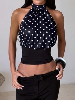 Black Sleeveless Halter Neck Print Dots Pleated Crop Tops