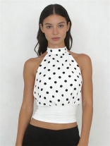 White Sleeveless Halter Neck Print Dots Pleated Crop Tops