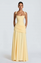 Yellow Straps Square Neck Women Elegant Party Evening Gowns Maxi Dress