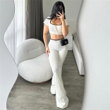White Two Pieces Short Sleeve Crop Tops Knit Fashion Women Pant Sets