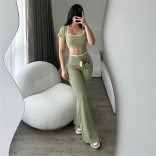 Green Two Pieces Short Sleeve Crop Tops Knit Fashion Women Pant Sets