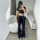 Black Two Pieces Short Sleeve Crop Tops Knit Fashion Women Pant Sets