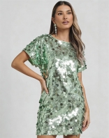 Green Short Sleeve Sequins Women Fashion Dance Party Mini Dress