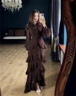 Brown Long Sleeve Ruffles Women Elegant Party Evening Gowns Prom Dress