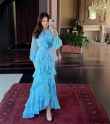 Blue lack Long Sleeve Ruffles Women Elegant Party Evening Gowns Prom Dress