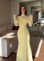 Yellow Lace Long Sleeve Hollow Out Sexy Women Luxury Party Gowns Dress