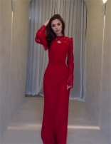 Red Lace Long Sleeve Hollow Out Sexy Women Luxury Party Gowns Dress