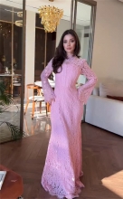 Pink Lace Long Sleeve Hollow Out Sexy Women Luxury Party Gowns Dress