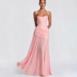 Pink Straps Low Cut Pleated Ruched Bodycon Evening Formal Gowns Dress
