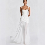 White Straps Low Cut Pleated Ruched Bodycon Evening Formal Gowns Dress