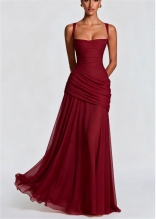 Claret Straps Low Cut Pleated Ruched Bodycon Evening Formal Gowns Dress