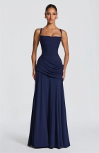 Royal Blue Straps Low Cut Pleated Ruched Bodycon Evening Formal Gowns Dress