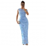 Blue Sleeveless Halter Neck Lace Embroidered Elegant Bodycon Birthday Long Dress