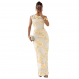 Yellow Sleeveless Halter Neck Lace Embroidered Elegant Bodycon Birthday Long Dress