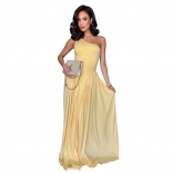 Yellow One Shoulder Halter Fashion Summer Holiday Beach Ruched Maxi Dress