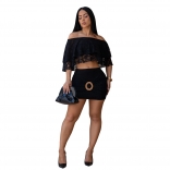 Black Two Pieces Lace Off Shoulder Crop Tops Bodycon Mini Dress Sets