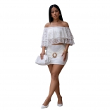White Two Pieces Lace Off Shoulder Crop Tops Bodycon Mini Dress Sets