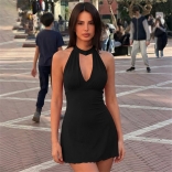 Black Mandarin Collar Backless Hollow Out Ruffles Slim Mini Dress