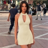 Apricot Mandarin Collar Backless Hollow Out Ruffles Slim Mini Dress