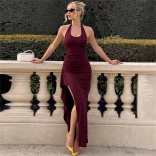 Claret Halter Lace Up V Neck Ruffles High Split Long Dress