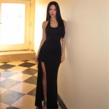 Black Halter Lace Up V Neck Ruffles High Split Long Dress