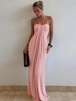 Pink Halter Off Shoulder Ruched Pleated Casual Women Street Long Dress