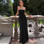 Black Halter Off Shoulder Ruched Pleated Casual Women Street Long Dress