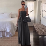 Drak Gray Halter Off Shoulder Ruched Pleated Casual Women Street Long Dress