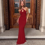 Red Halter V Neck Sexy Backless Evening Party Casual Long Dress