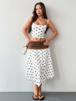 Black Two Pieces Polka Dot Vest Ruched Pleated Skirt Set Dress