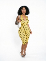 Yellow Halter Neck Print Polka Dot Summer Fashion Women Street Clubwear