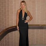 Black Halter Deep V Neck Summer Beach Vacation Maxi Dress