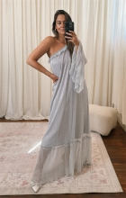 Silver One Long Sleeve Silk Ruffles Vacation Fashion Maxi Dress