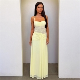 Yellow Off Shoulder Straps Mesh Sheer Pleated Women Vacation Long Dress