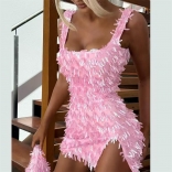Pink Straps Sequins Tassles Bodycon Party Slit Sexy Club Dress