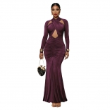 Claret Long Sleeve Hollow Out Bandage Pleated Bodycon Evening Party Luxury Maxi Dress