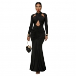 Black Long Sleeve Hollow Out Bandage Pleated Bodycon Evening Party Luxury Maxi Dress