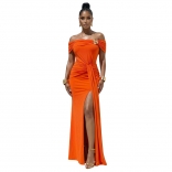 Orange Pleated Off Shoulder Ruched Waist High Split Evening Elegant Maxi Dress