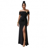 Black Pleated Off Shoulder Ruched Waist High Split Evening Elegant Maxi Dress