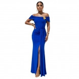 Blue Pleated Off Shoulder Ruched Waist High Split Evening Elegant Maxi Dress
