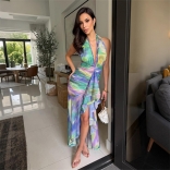 Blue Printed Halter Neck Deep V Neck Summer Vacation Slim Midi Dress