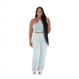 Light Green Two Pieces Halter Crop Tops Knited Fashion Casual Pant Sets