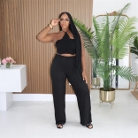 Black Two Pieces Halter Crop Tops Knited Fashion Casual Pant Sets